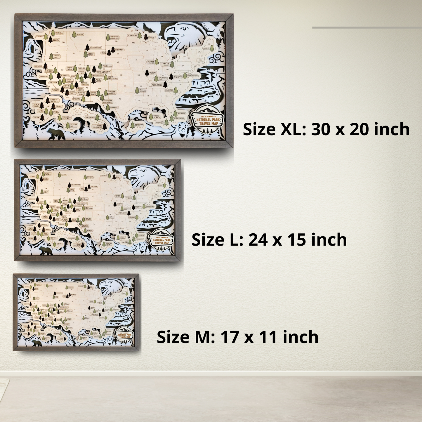 3D Wood National Parks Travel Map (Hiking design)