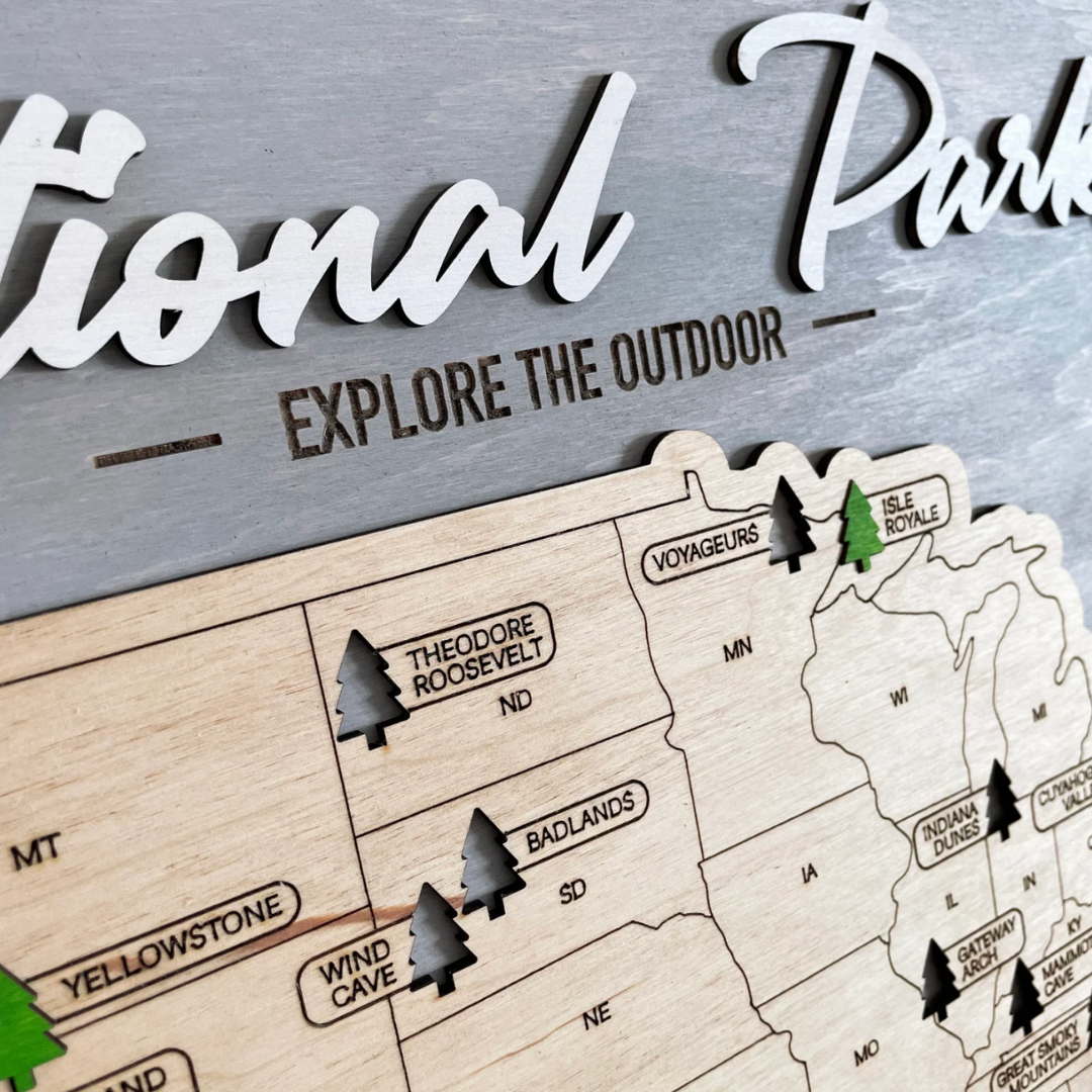 Wooden National Parks Travel Map Grey