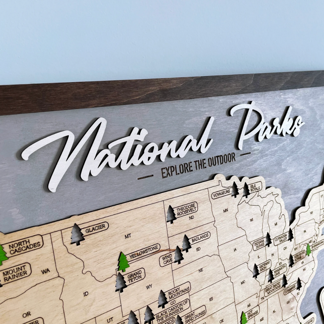 Wooden National Parks Travel Map Grey