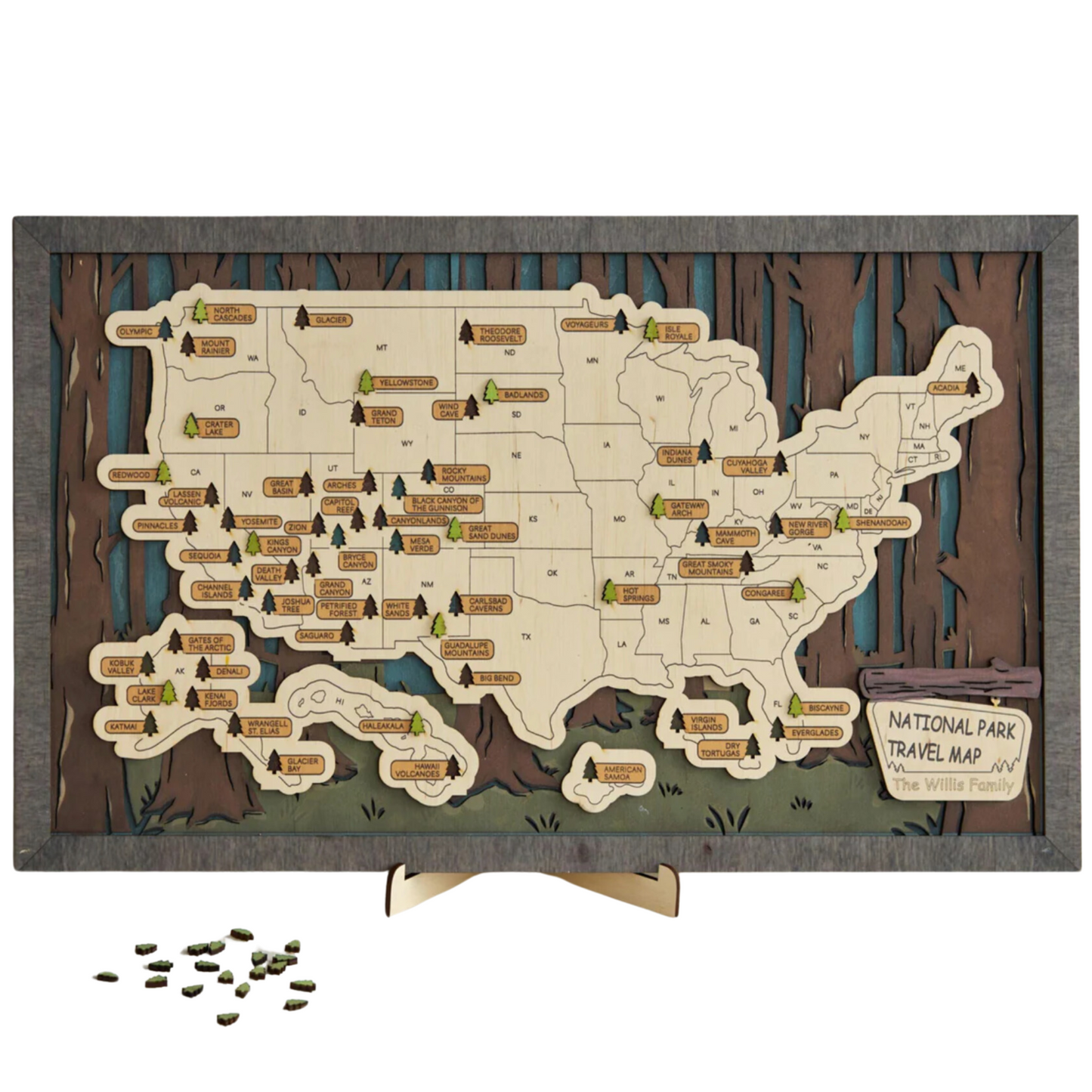 3D Wood National Parks Travel Map (Forest design)