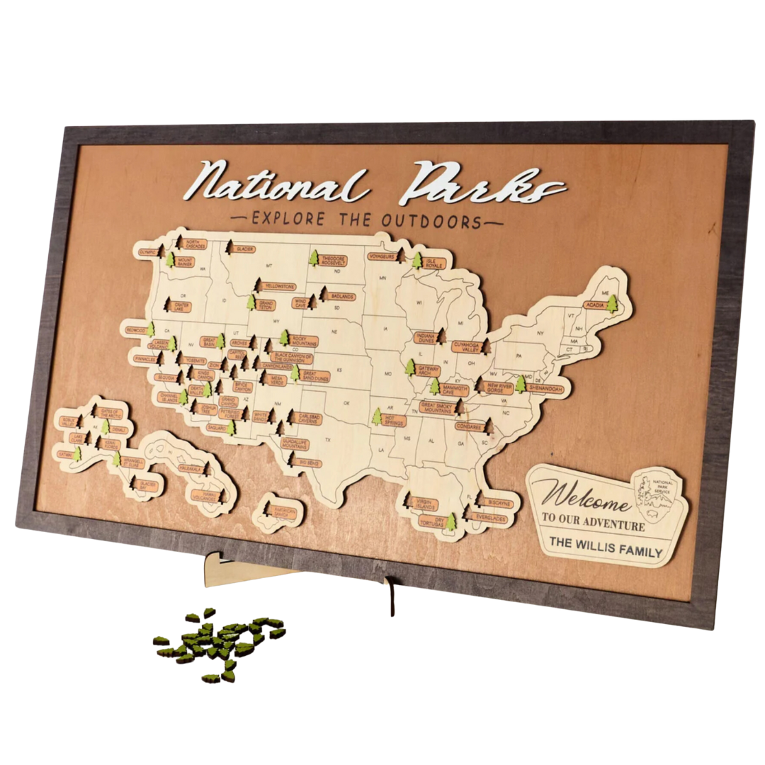 Wooden National Parks Travel Map Grey