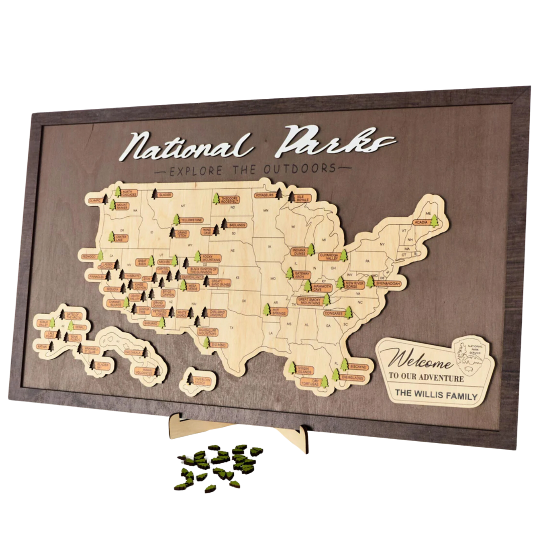 Wooden National Parks Travel Map Grey