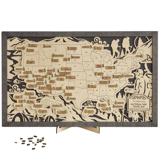 3D Wood National Parks Travel Map (Hiking design)