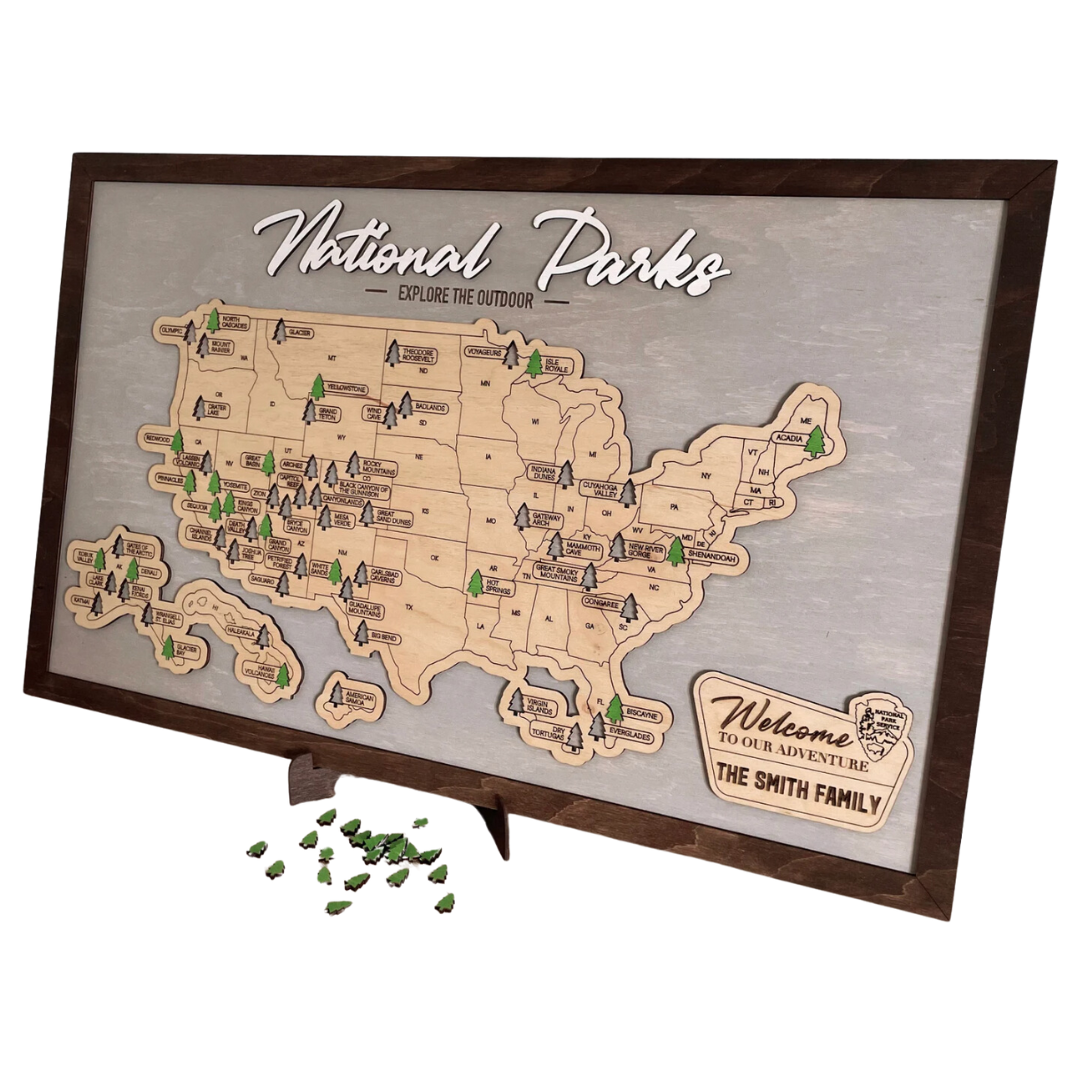 Wooden National Parks Travel Map Grey