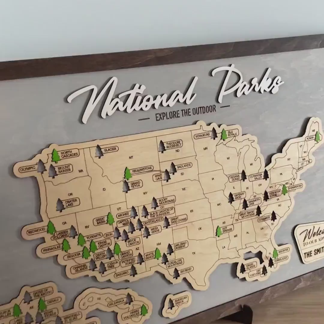 Wooden National Parks Travel Map Grey