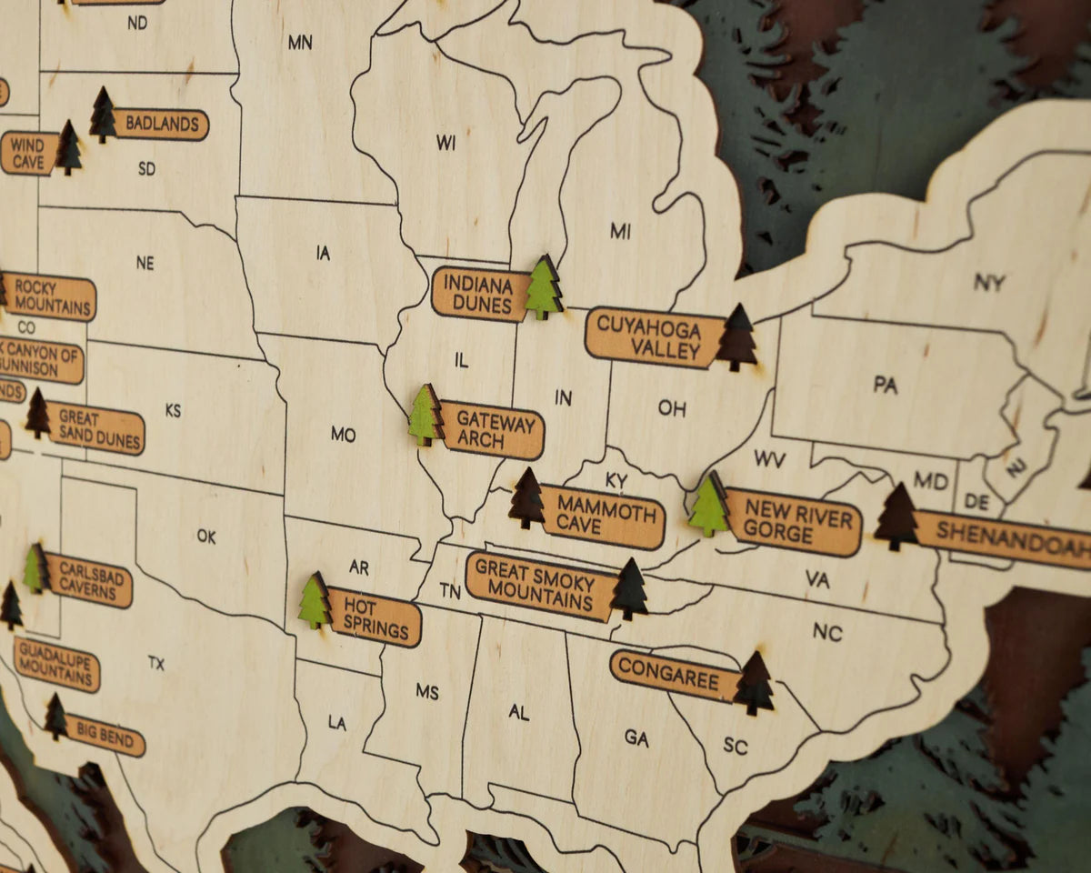 3D Wood National Parks Travel Map (Forest design)